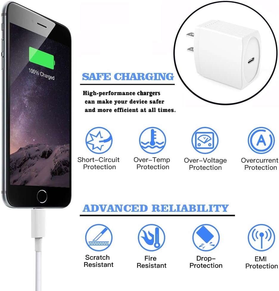 20W USB C Fast Charger 10 FT Compatible with iPhone 14 13 12 11 XS XR X 8 iPad, 2 Pack PD Wall Charger Block with 10FT Long Type C Lightning Cable (White) - Image 4