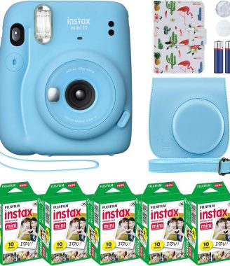 Instax Mini 11 Instant Camera Sky Blue + Custom Case Fuji Film Value Pack (50 Sheets) Flamingo Designer Photo Album for instax Photos