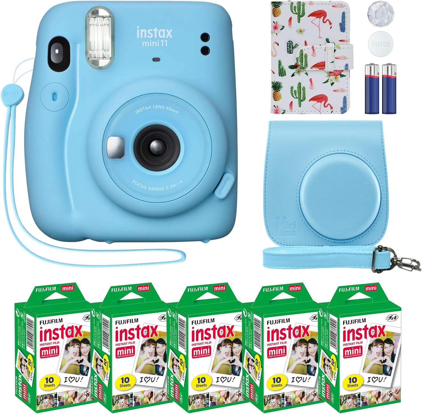 Instax Mini 11 Instant Camera Sky Blue + Custom Case Fuji Film Value Pack (50 Sheets) Flamingo Designer Photo Album for instax Photos